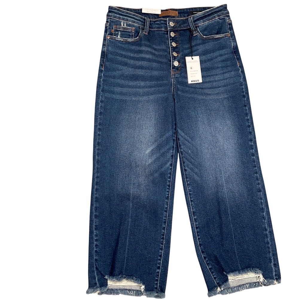 Judy Blue Jeans Womens 13/31 Blue Button Fly Distress JB88887 Raw Hem Wide Crop